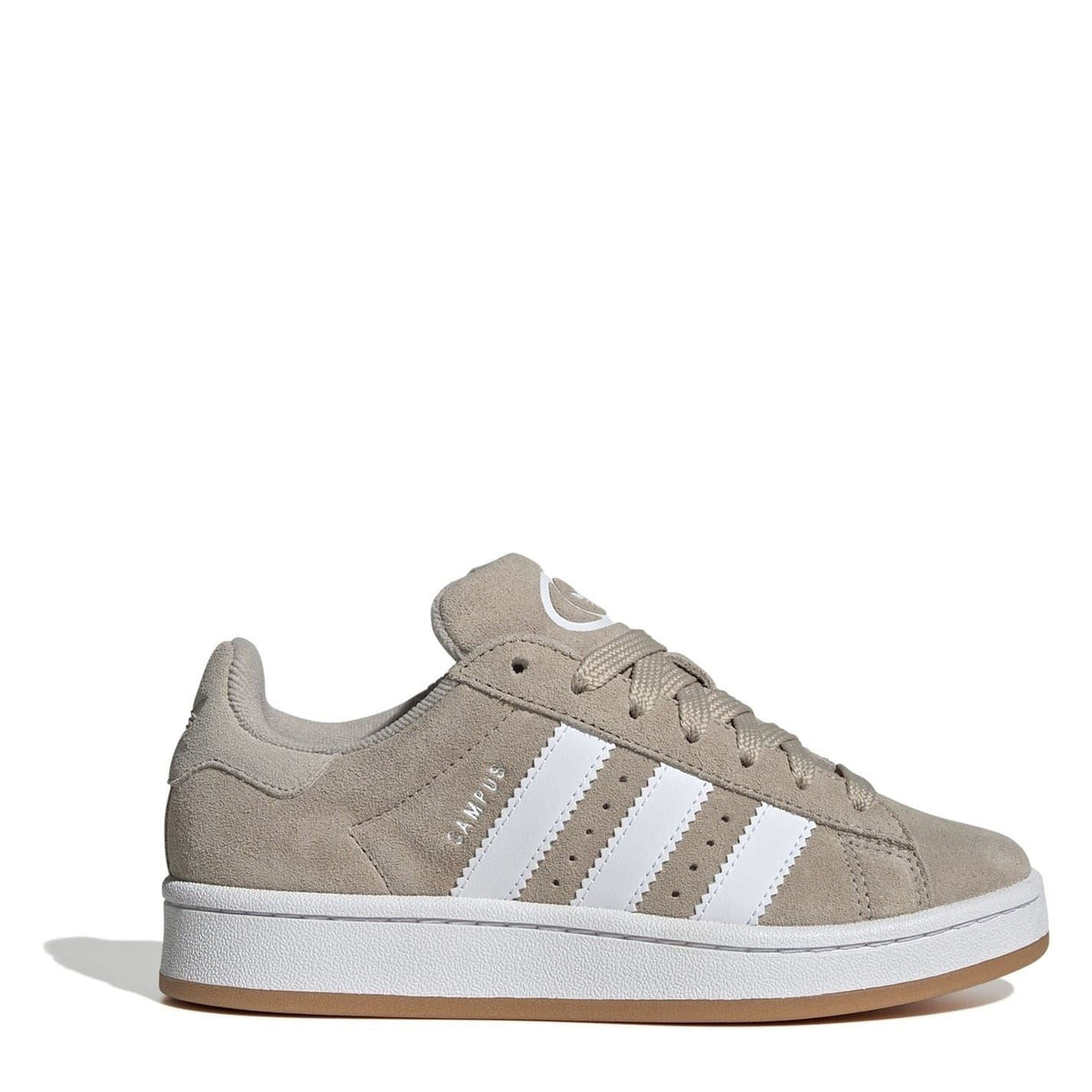 Beige low-top sneakers with three white stripe accents and lace-up front