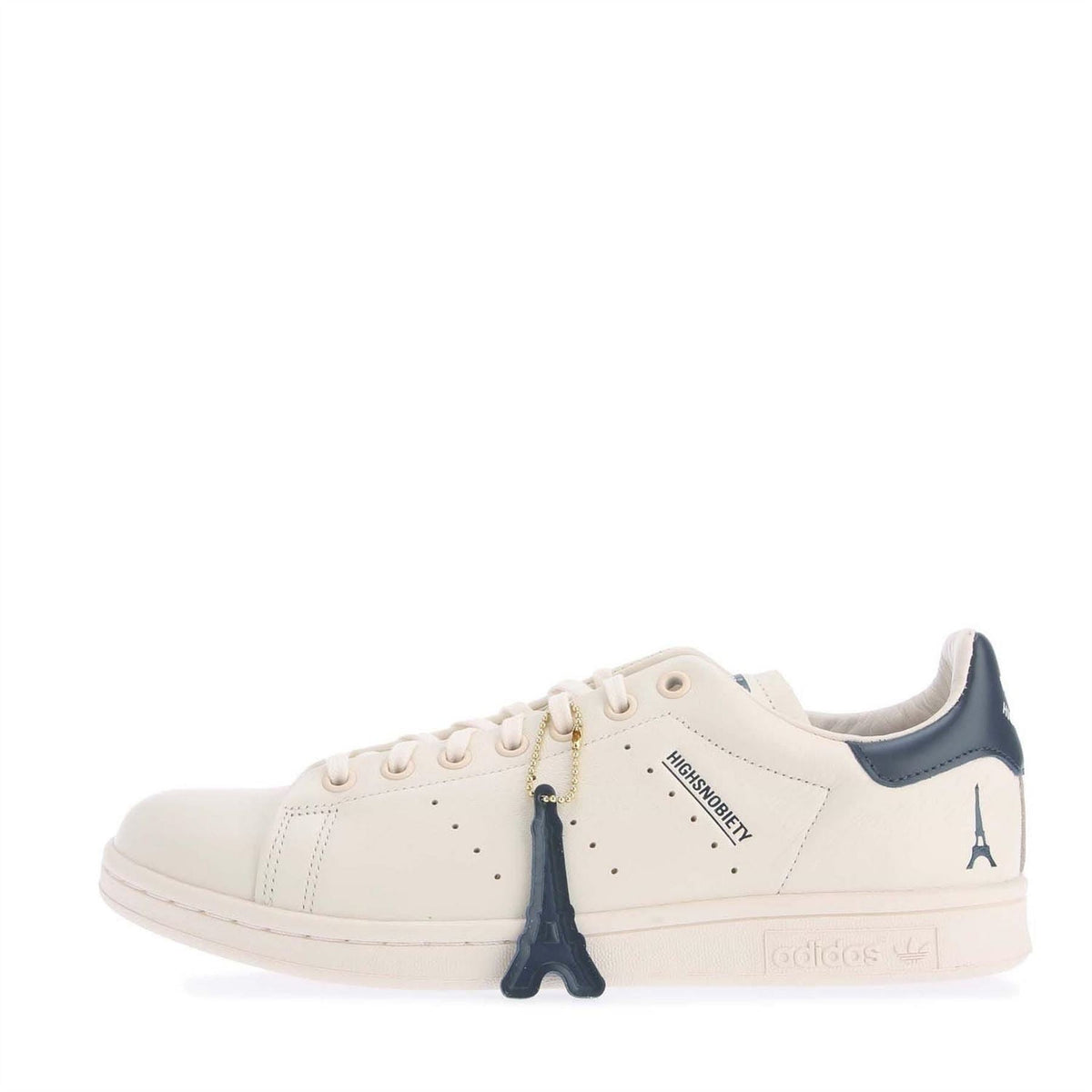 adidas Originals Smith Highsnobiety trainers, white leather with Eiffel Tower lace charm