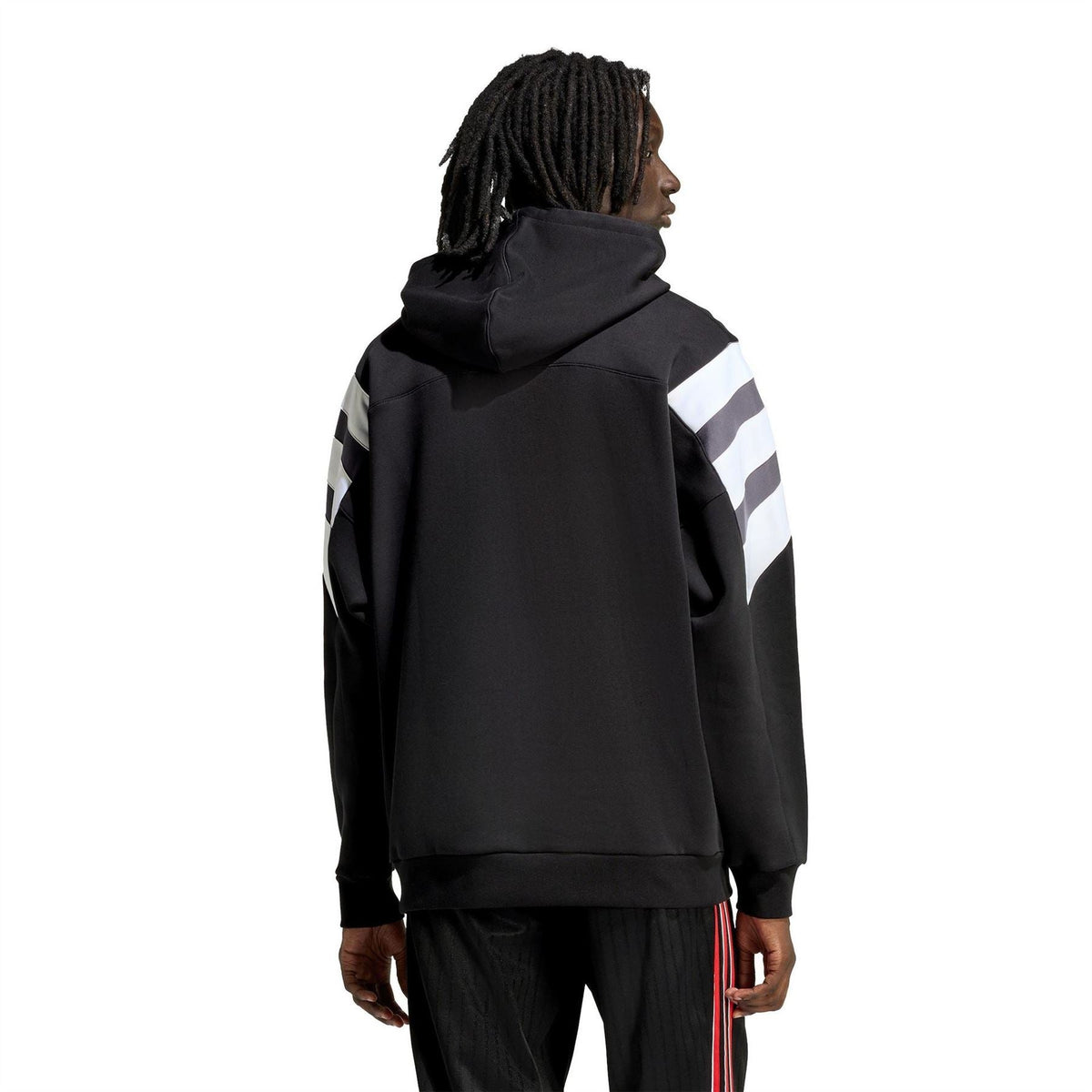 Black hoodie back view with grey yoke and white stripe sleeves, hood with drawstrings
