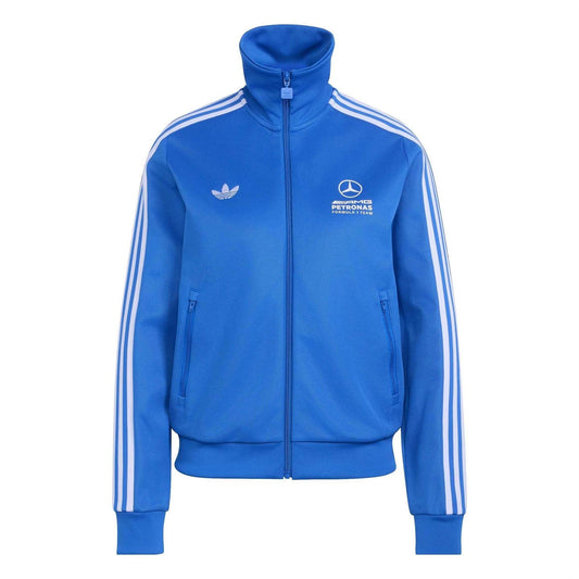 Blue track top with white sleeve stripes, full zip and stand collar; Mercedes-AMG logos.