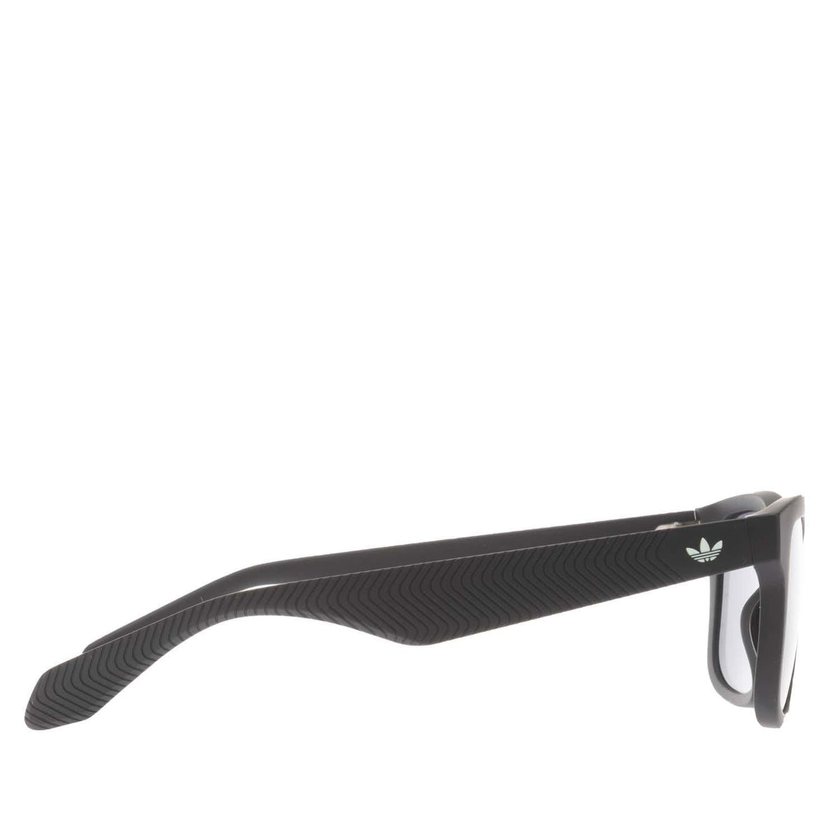 Black sunglasses with ridged temple, adidas trefoil logo, and purple-tinted lens