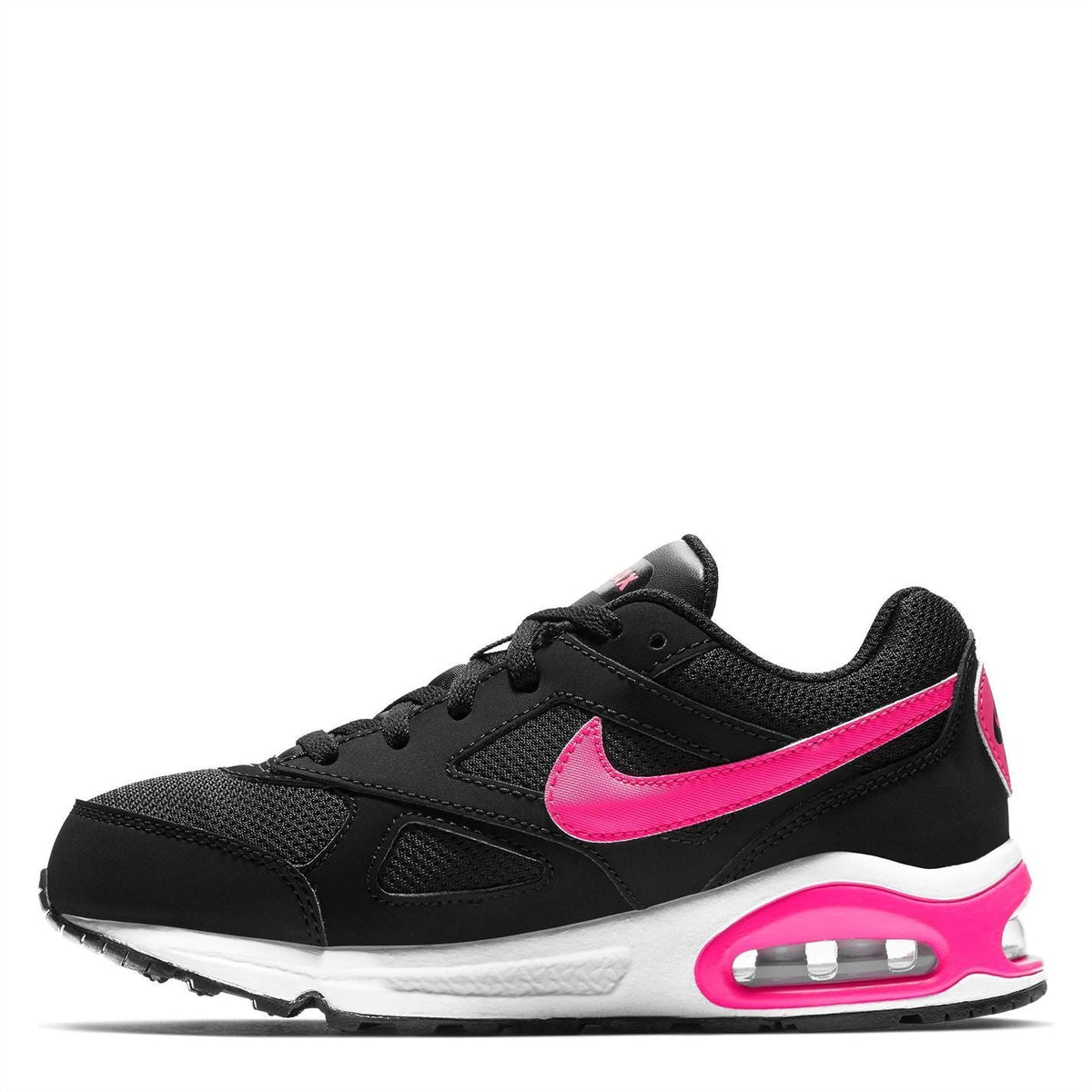 Nike Air Max Ivo girls' black trainers, side profile with pink swoosh and air sole