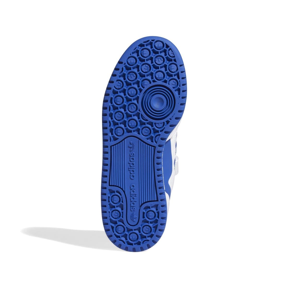 Kids sneaker outsole in blue with patterned tread and Adidas branding