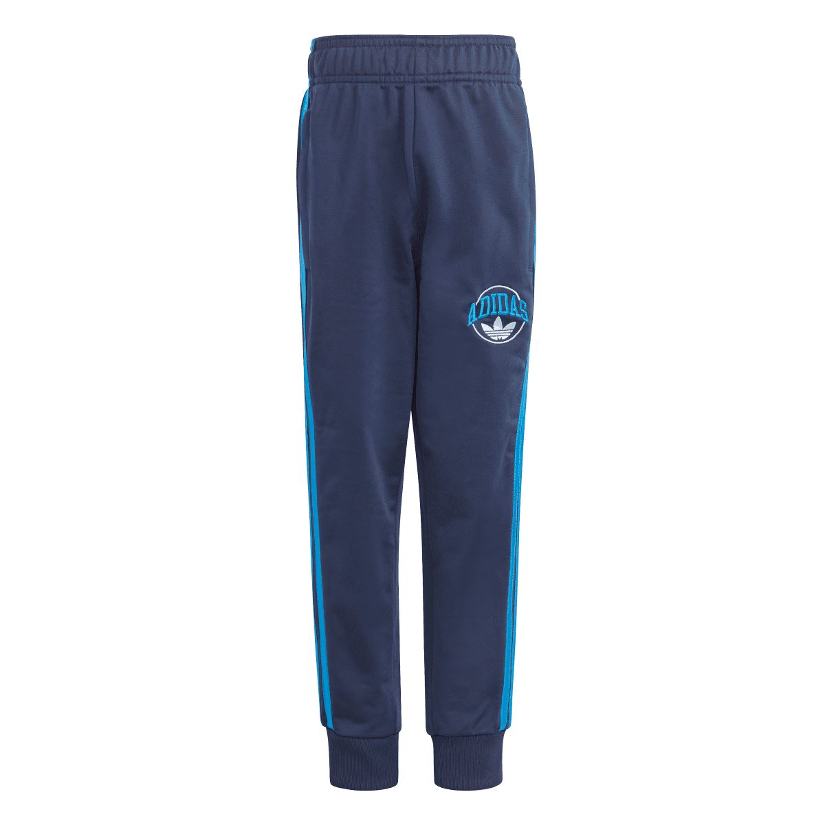 Infant adidas indigo jogger pants with elastic waist, cuff hems, and blue side stripe detail