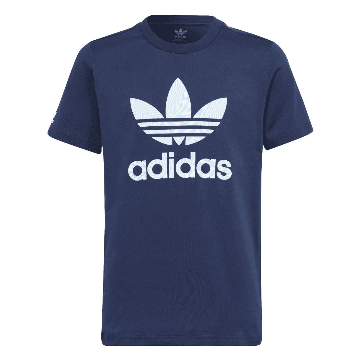 Indigo junior Adidas Originals T-shirt with large trefoil and adidas logo on front