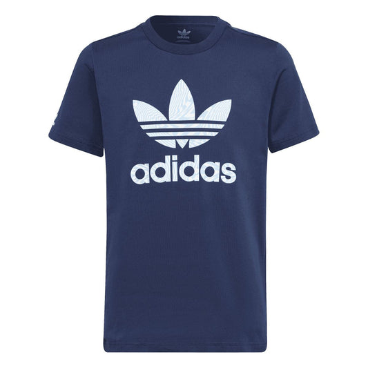 Indigo junior Adidas Originals T-shirt with large trefoil and adidas logo on front
