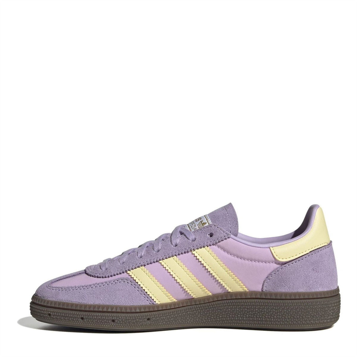 Juniors suede Handball Spezial shoes, lilac with yellow stripes and dark rubber sole