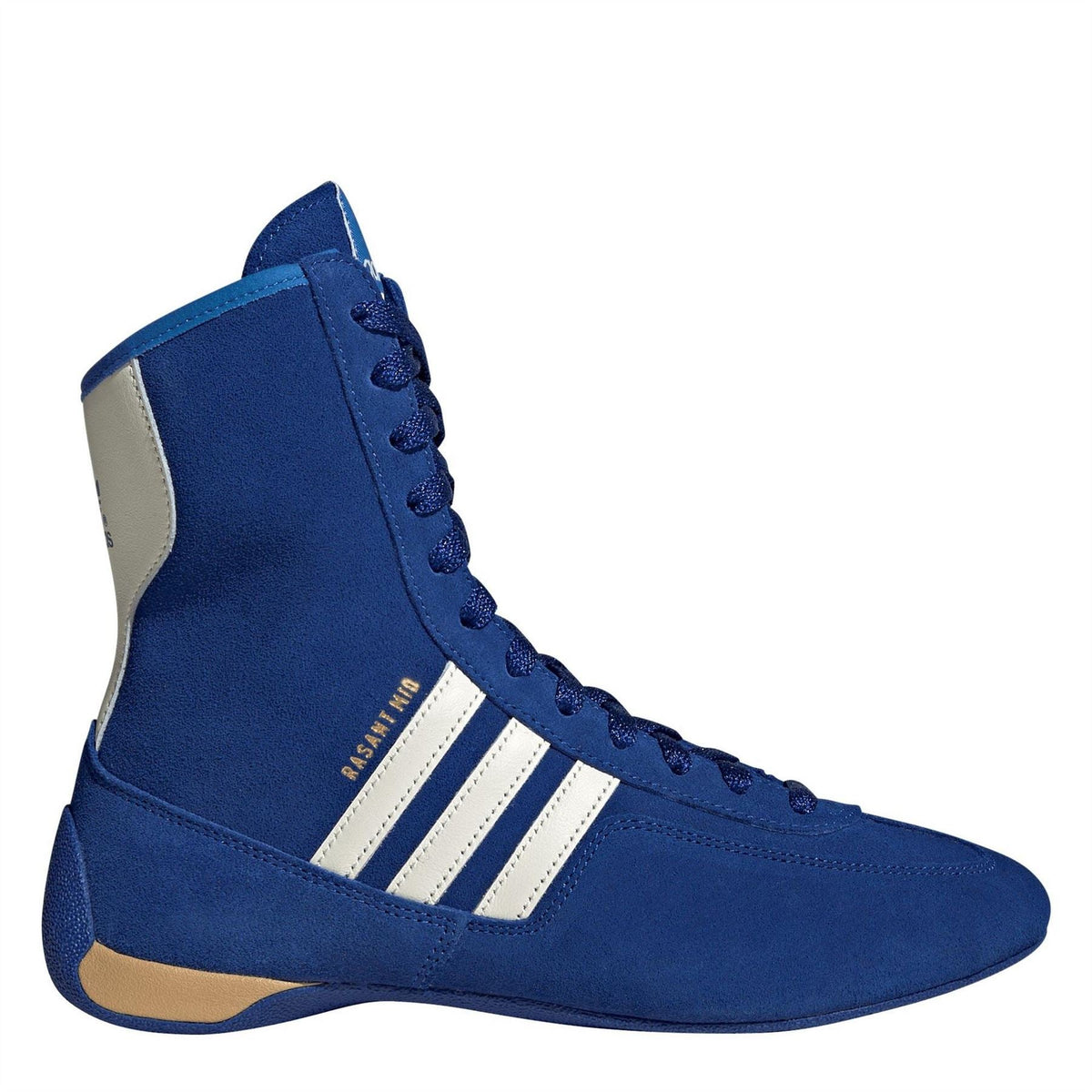 Blue mid-top suede sneaker with lace-up closure, white three stripes, and tan sole