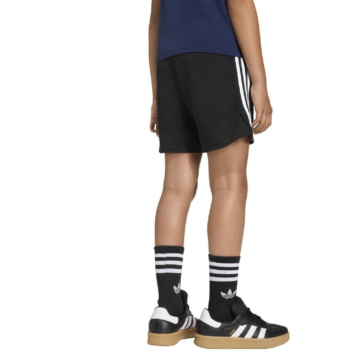 Black juniors athletic shorts with white side stripes and drawstring waistband