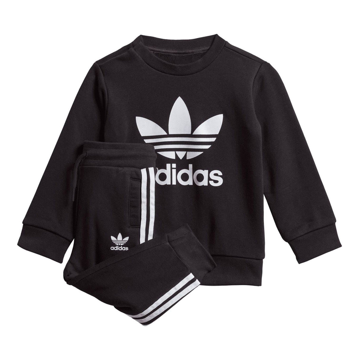 Infants black crew sweatshirt and jogger pants set with adidas logo and striped details