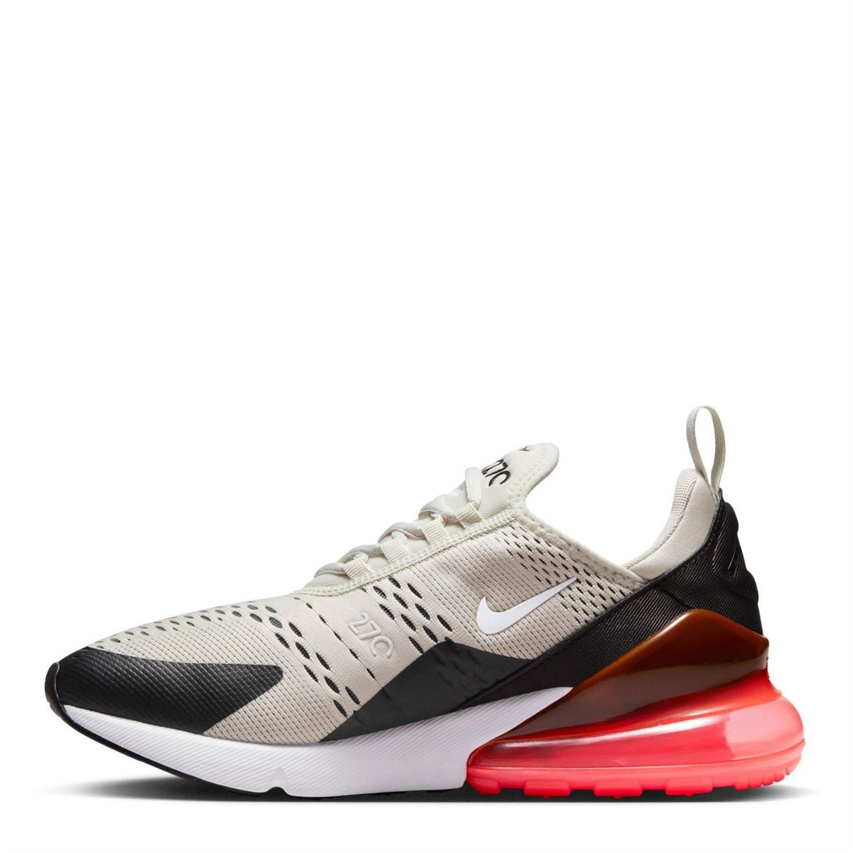 White and black Air Max 270 trainers with orange panel and red translucent air unit