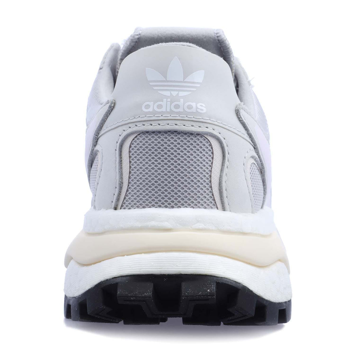 Rear view of grey adidas Originals womens trainers with mesh heel and cushioned collar