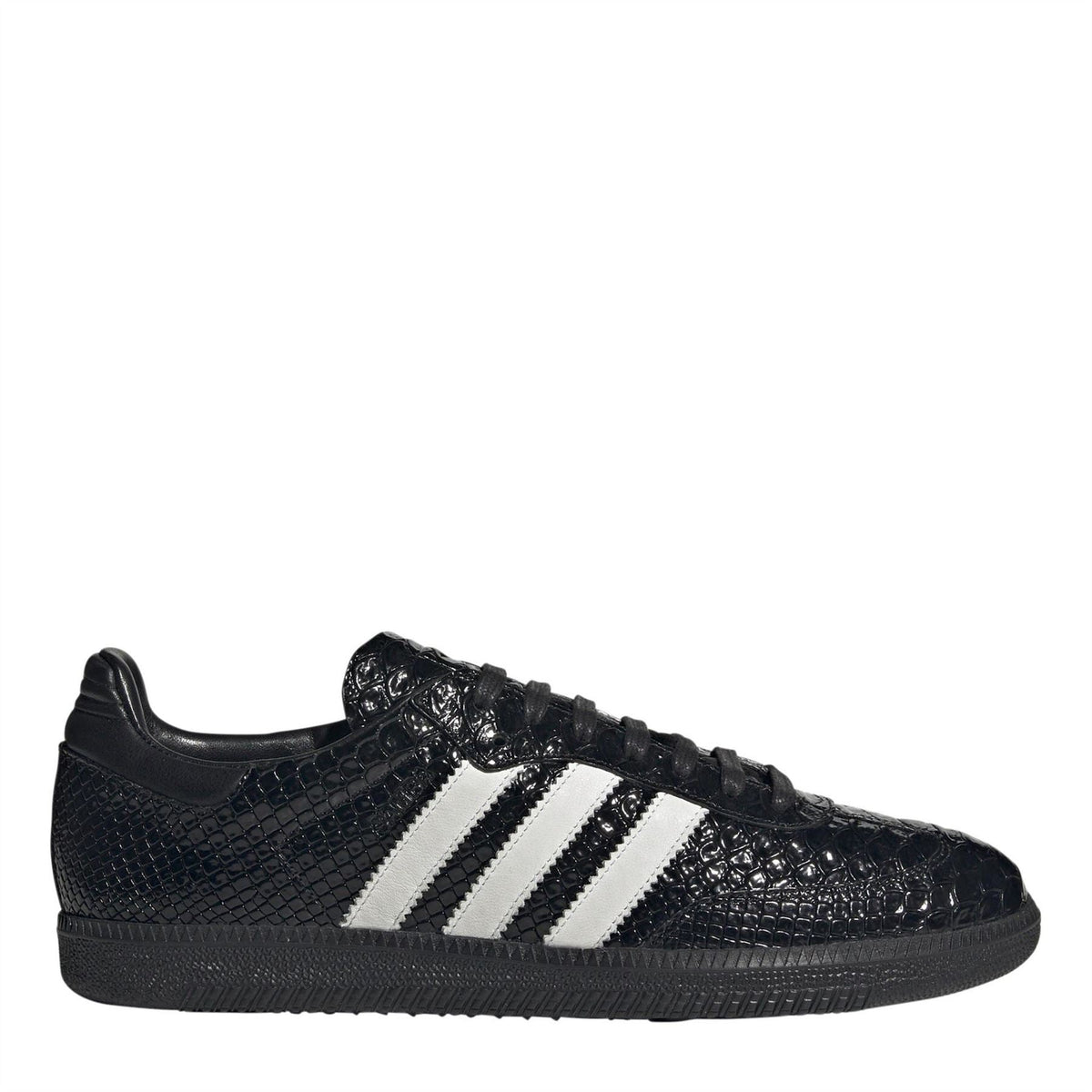 Black textured leather low-top sneakers with three white stripes