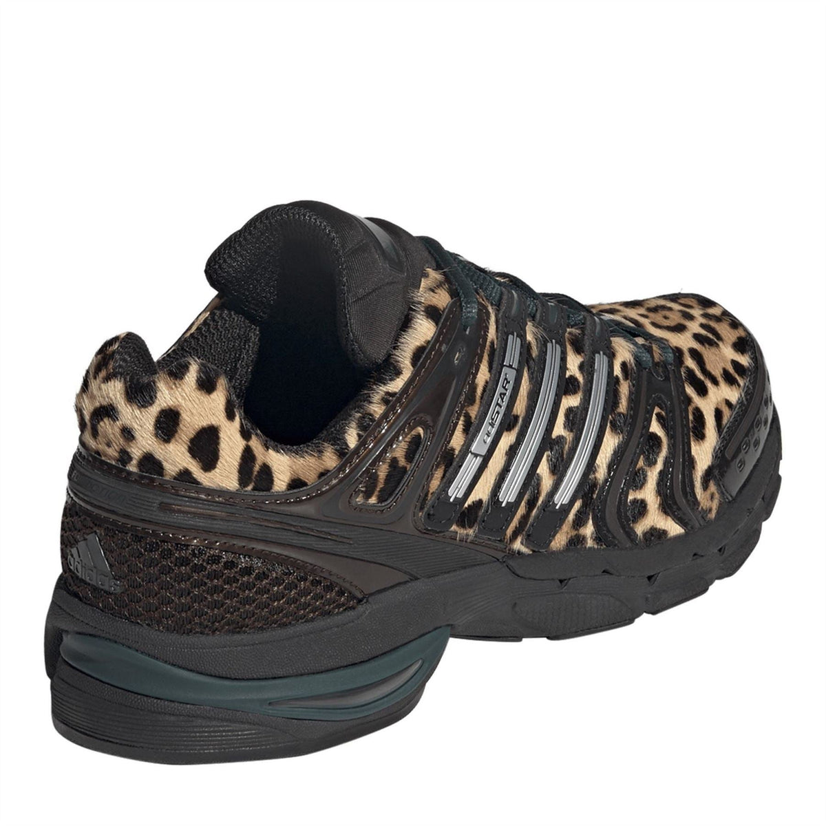 adidas Adistar Control 5 shoes, black with leopard print side and chunky cushioned heel