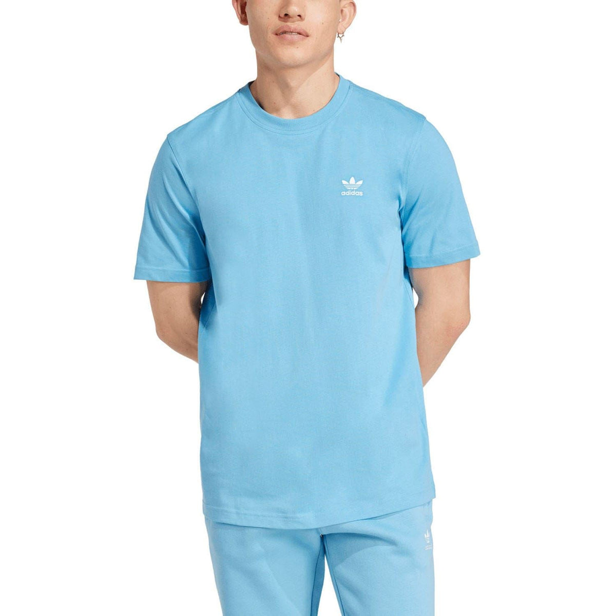 Blue crew-neck adidas T-shirt with small trefoil logo at left chest