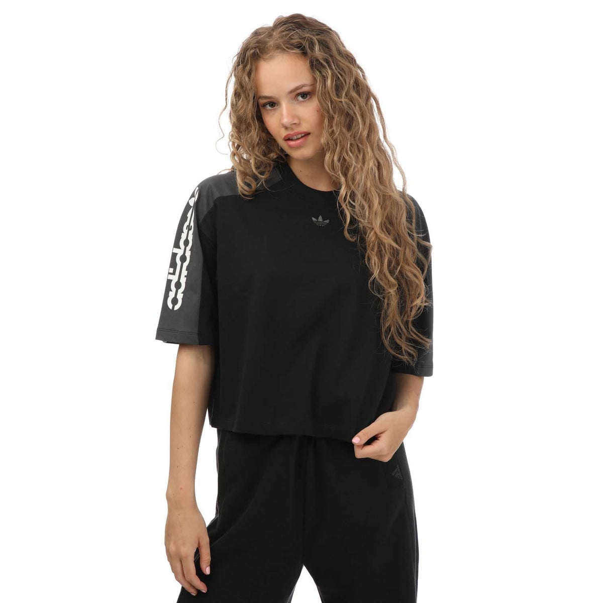 adidas Originals black graphic crop T-shirt, crew neck, short sleeves, front logo print