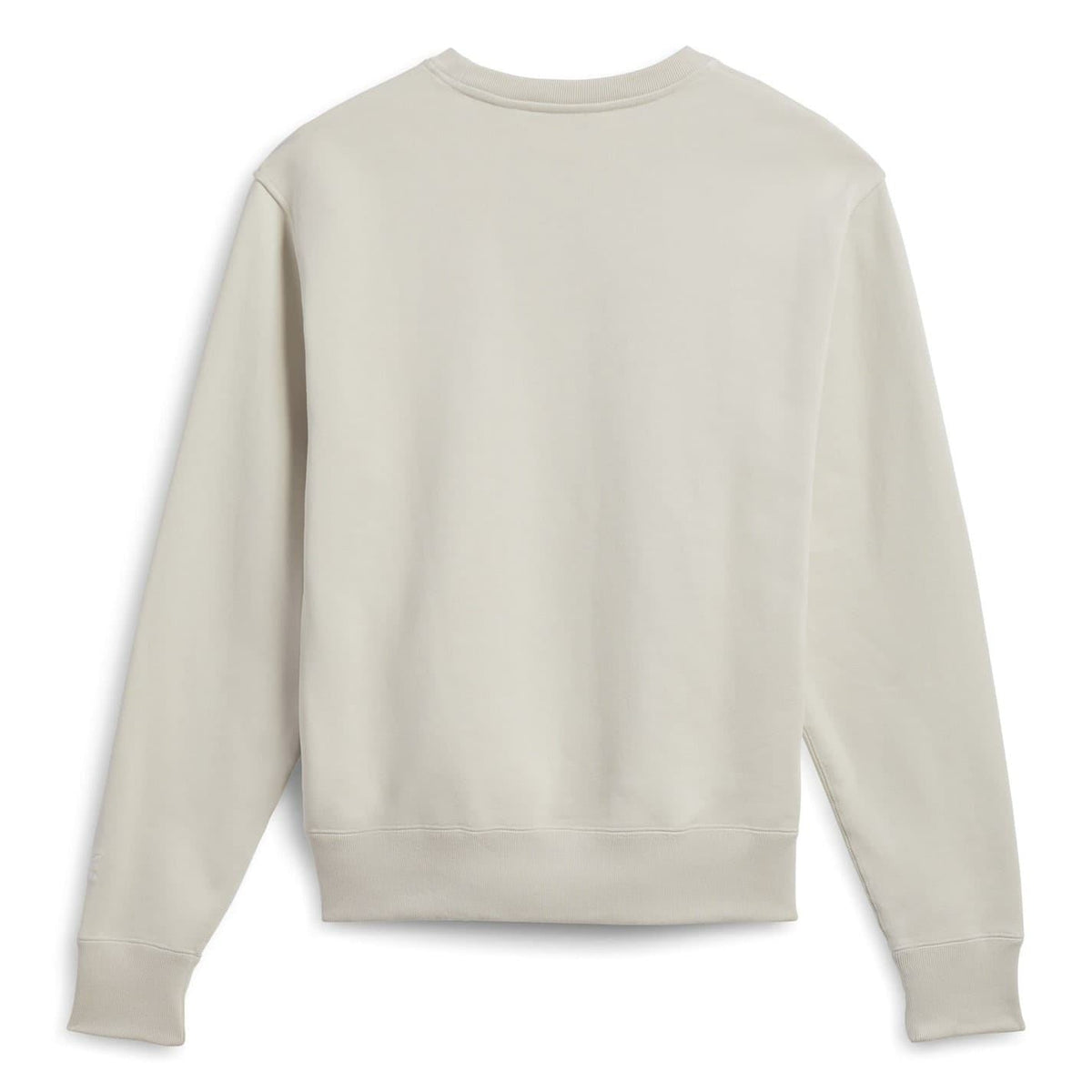 Light beige crewneck sweatshirt shown from the back, relaxed fit with ribbed hem.