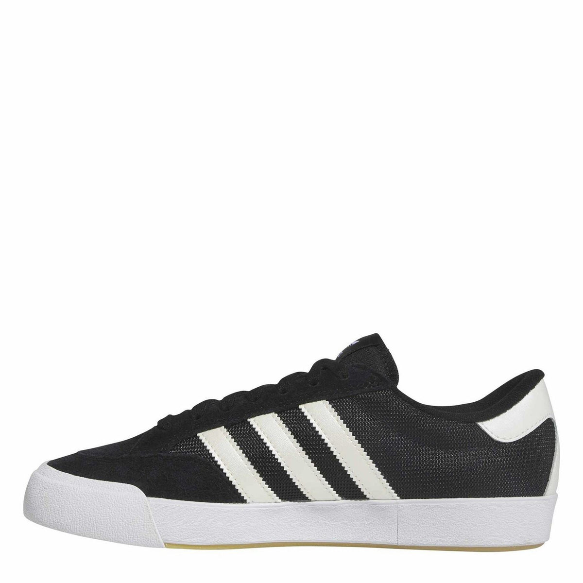 Black and white adidas trainers, side profile with three white stripe bands