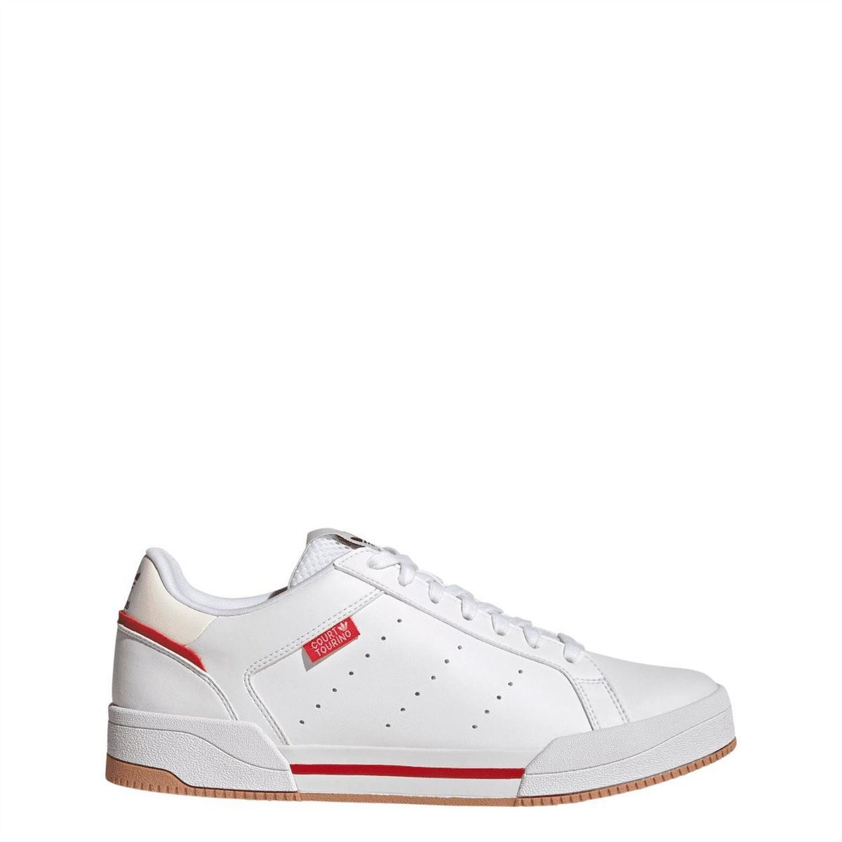 White adidas Tourino low-top trainers, red heel tab and gum rubber outsole