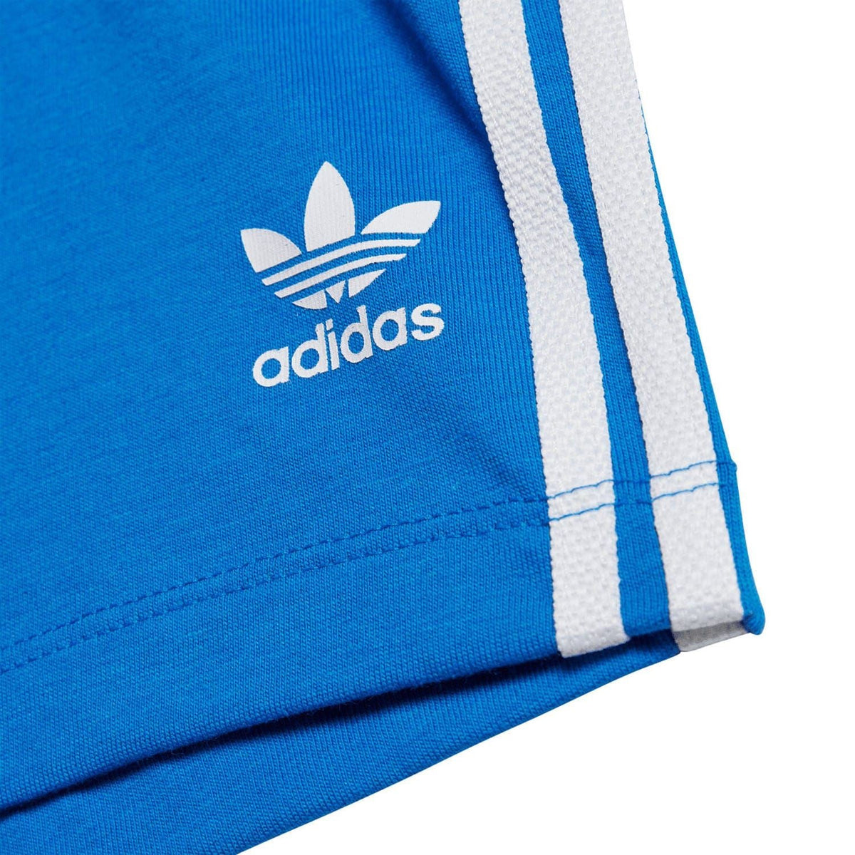 Infants blue shorts with adidas trefoil logo and white side stripes