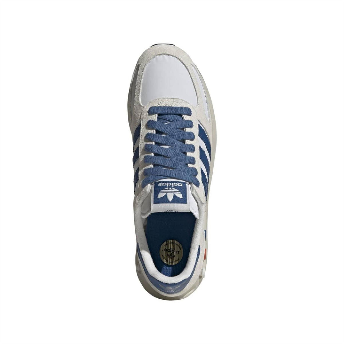 adidas Originals off-white low-top sneakers with blue laces and logo tongue