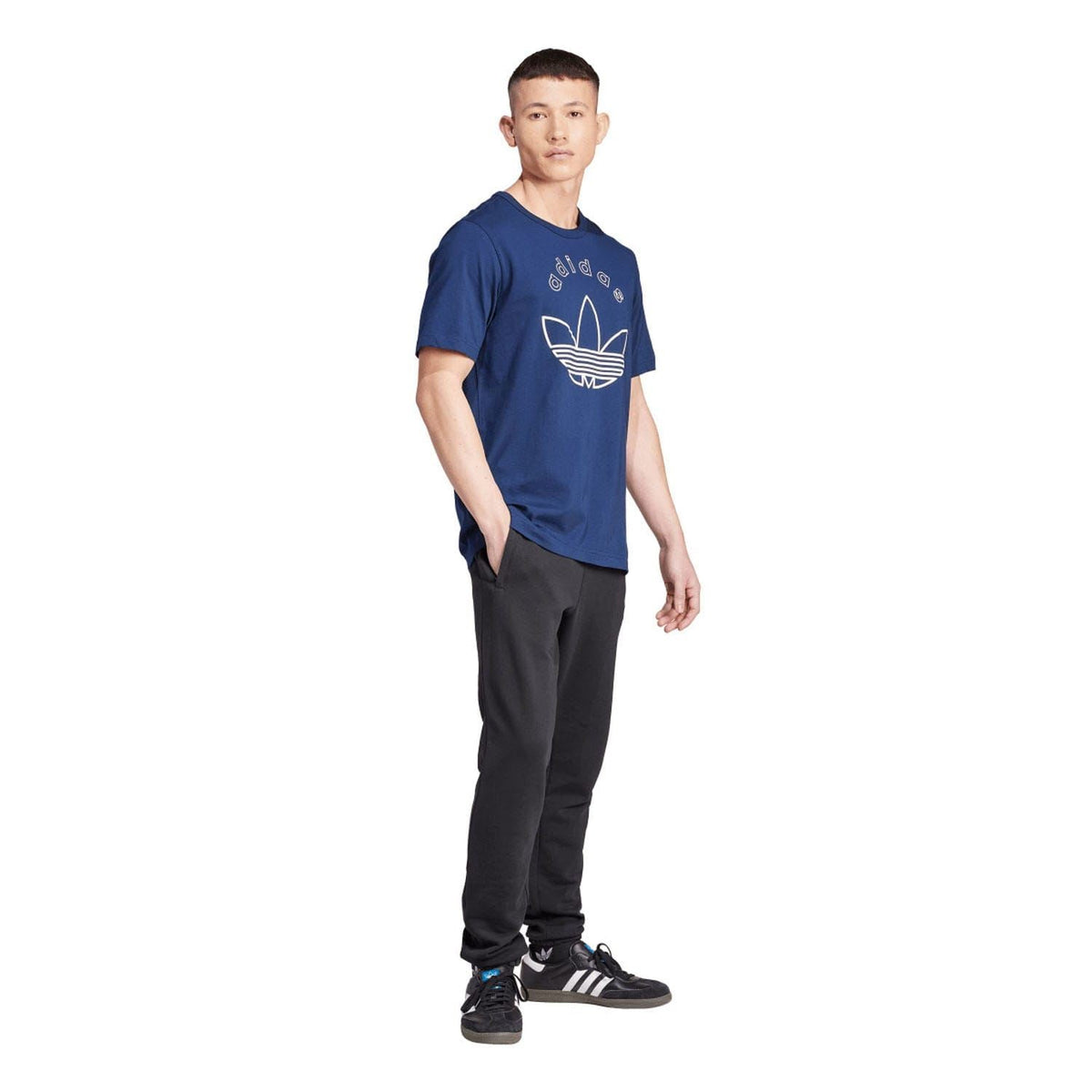 Indigo adidas Originals graphic T-shirt on model, short sleeves and crew neck