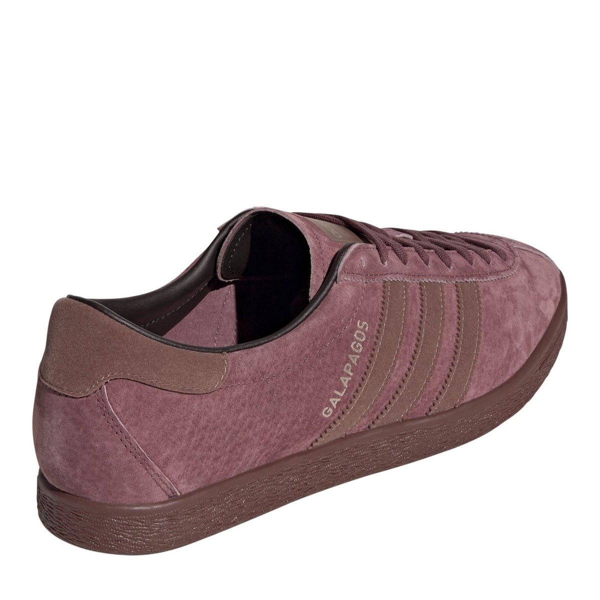 Burgundy suede low-top sneakers with padded collar and side triple stripes