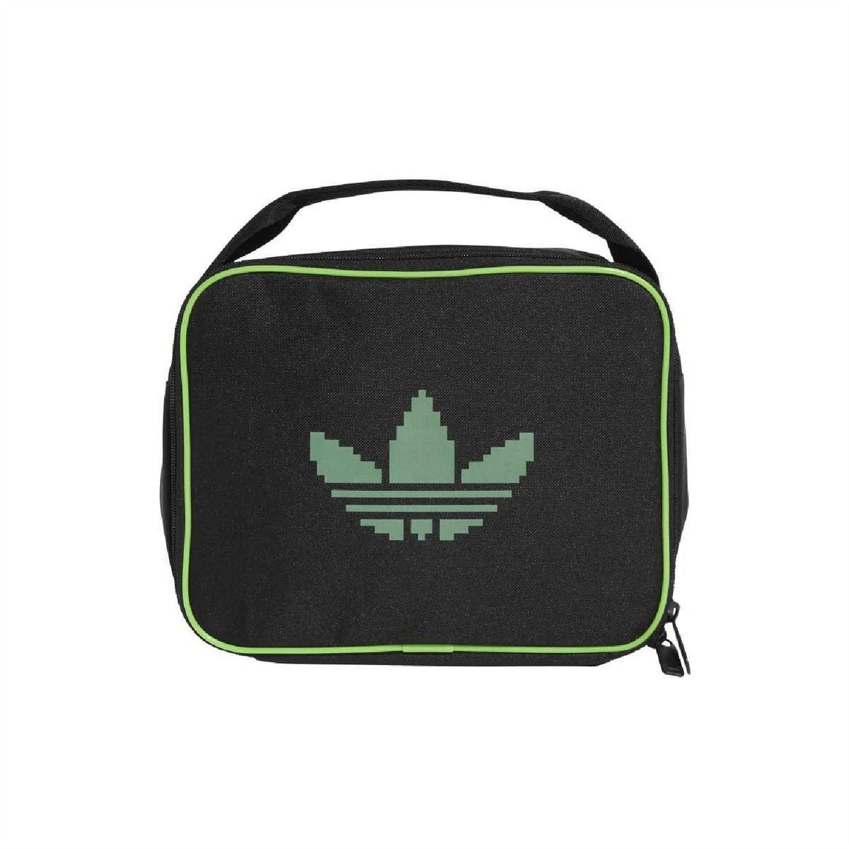 adidas Originals kids lunchbag, black with neon-green trim and pixel trefoil graphic