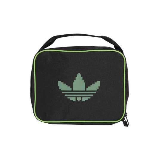 adidas Originals kids lunchbag, black with neon-green trim and pixel trefoil graphic