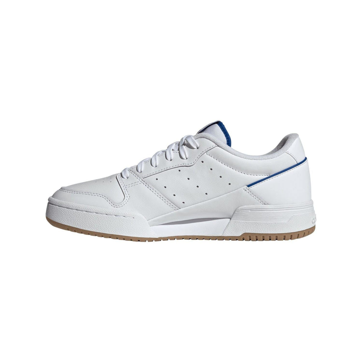 White low-top trainers with blue side stripe, perforated toe, and chunky midsole.