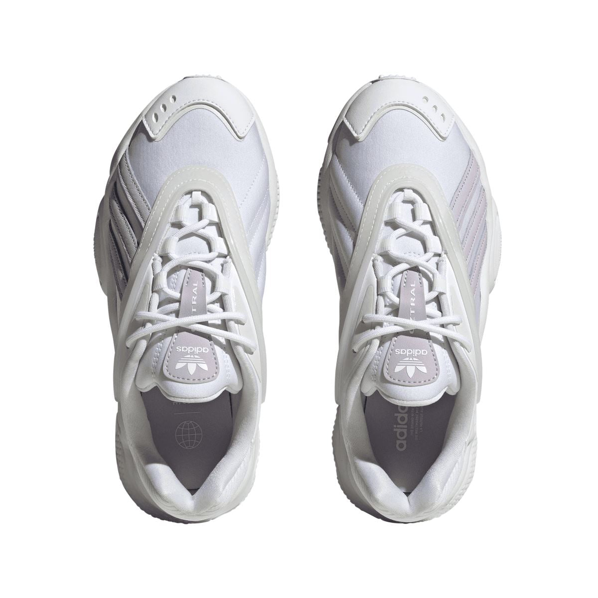 Pair of white adidas Originals Oztral sneakers, front view with lace-up and toe panels