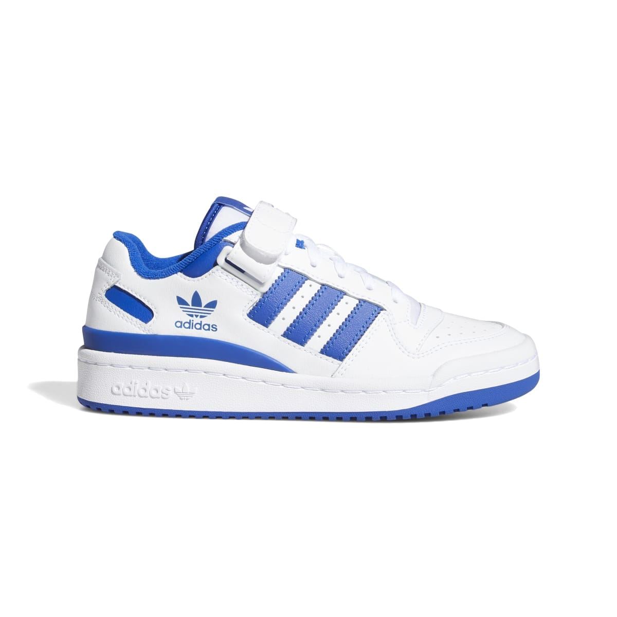 Kids low-top sneakers, white and blue with hook-and-loop strap and Adidas stripes