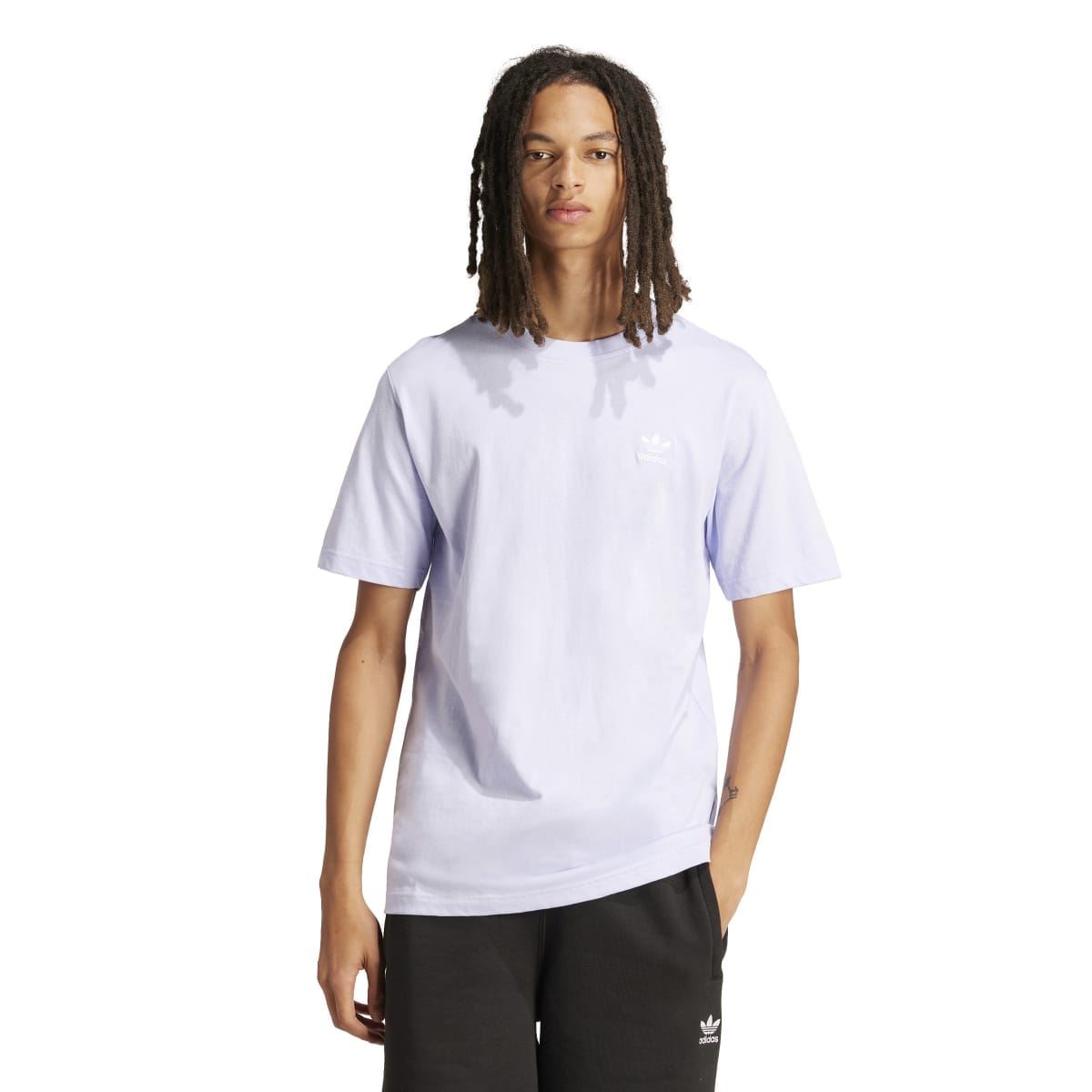 Light violet adidas Originals trefoil essentials t-shirt on model, crew neck, chest trefoil logo