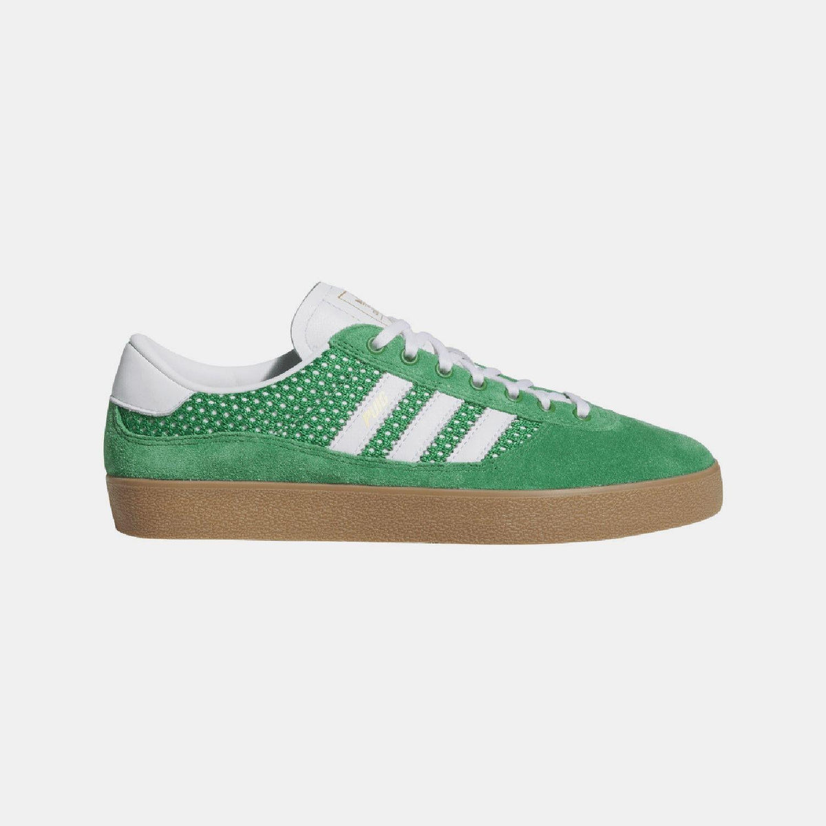 Green suede indoor trainer with white adidas stripes and brown gum outsole