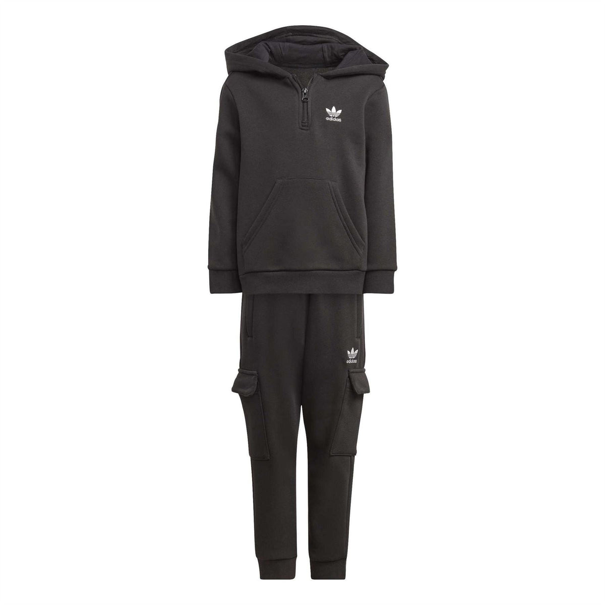 adidas Originals zip hoodie and cargo pants tracksuit set in black with white logo accents, casual athletic wear for men or women