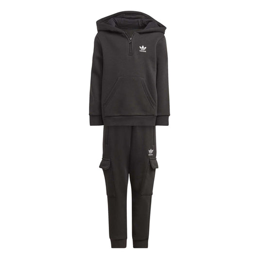 adidas Originals zip hoodie and cargo pants tracksuit set in black with white logo accents, casual athletic wear for men or women