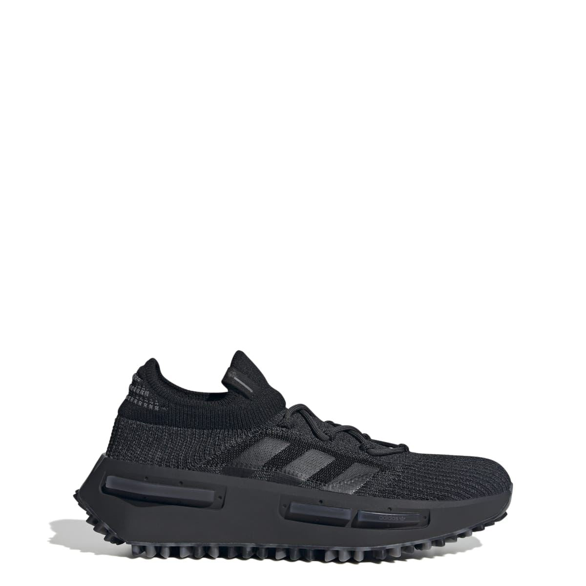 Black knit lace-up trainer with textured side stripes and rugged rubber outsole