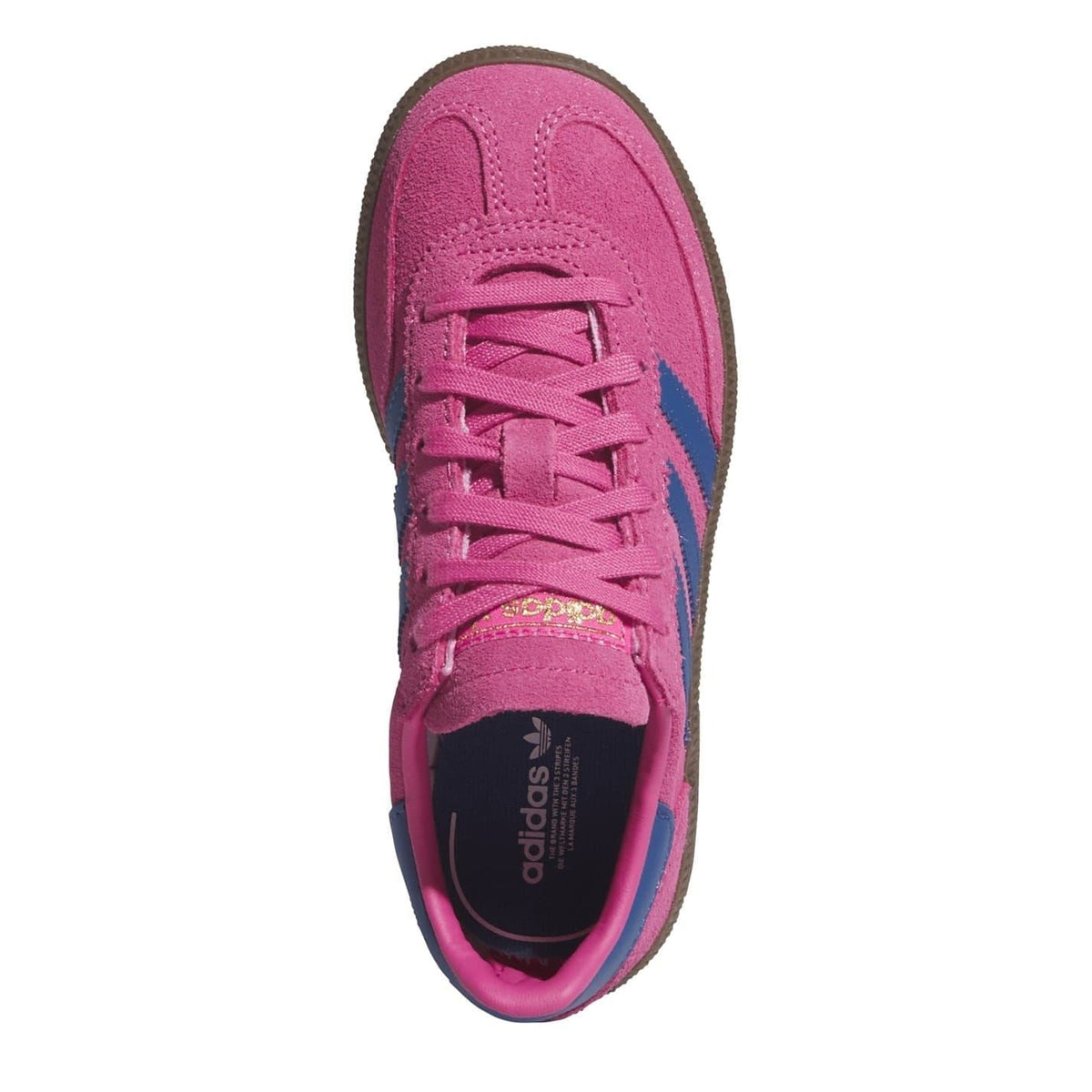 Kids' adidas Handball Spezial sneakers, pink suede upper with lace-up front and logo