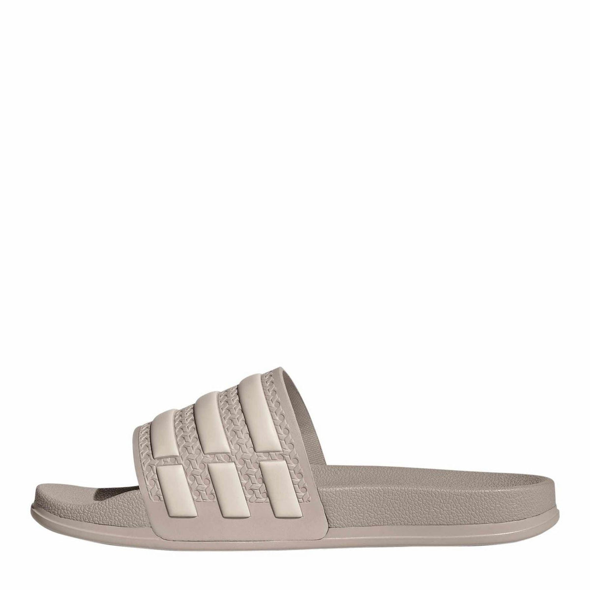 adidas taupe slide sandals with three wide straps and textured sole