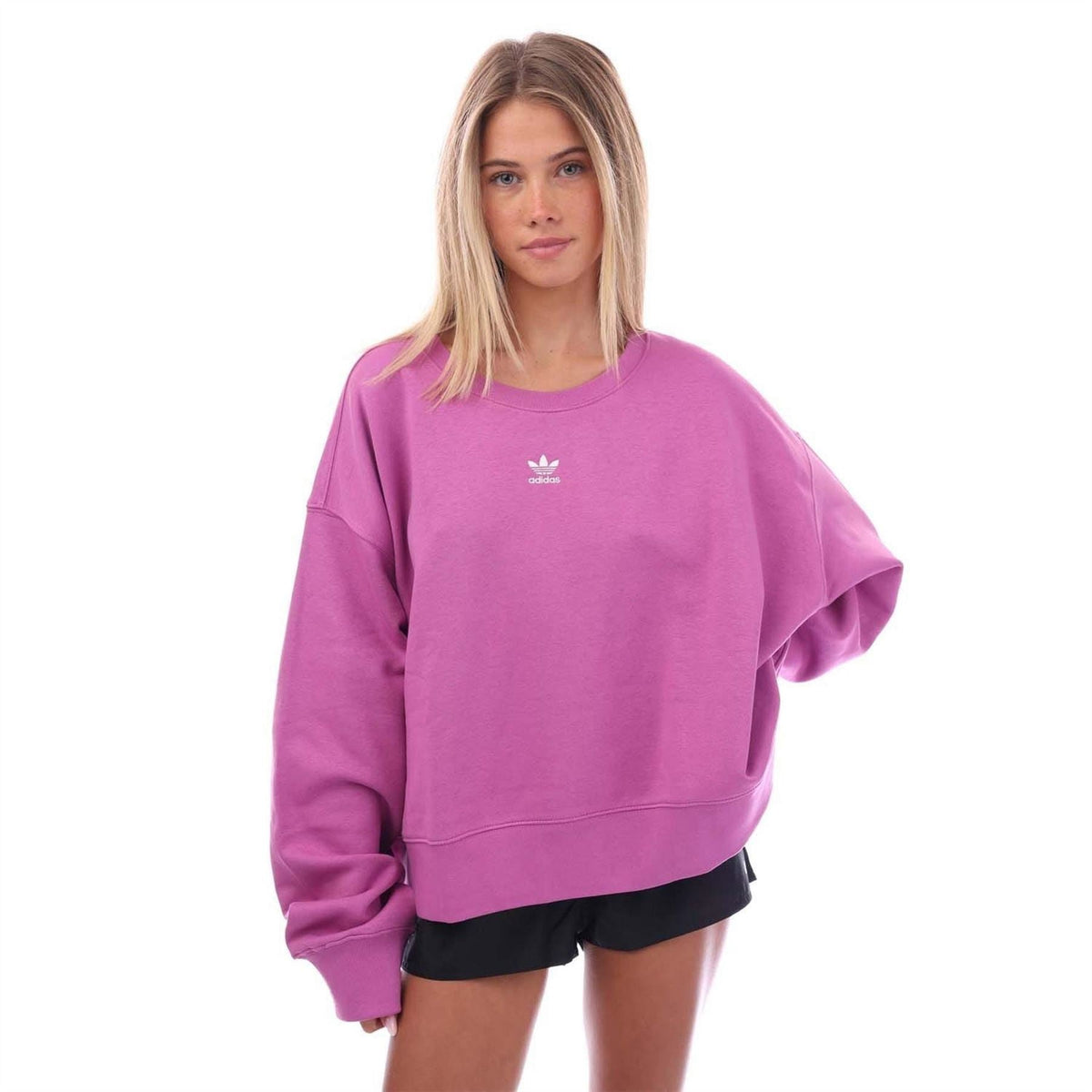 Plus size adidas Originals Essentials Crew Sweatshirt in gray, featuring a classic crew neck and soft fabric for casual comfort.