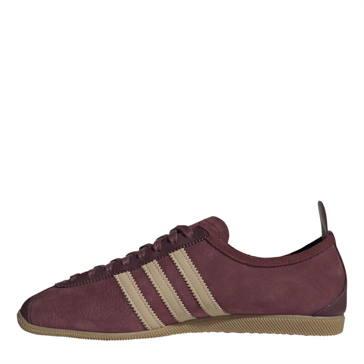 Men's burgundy low-top sneakers with three cream stripes and lace-up design