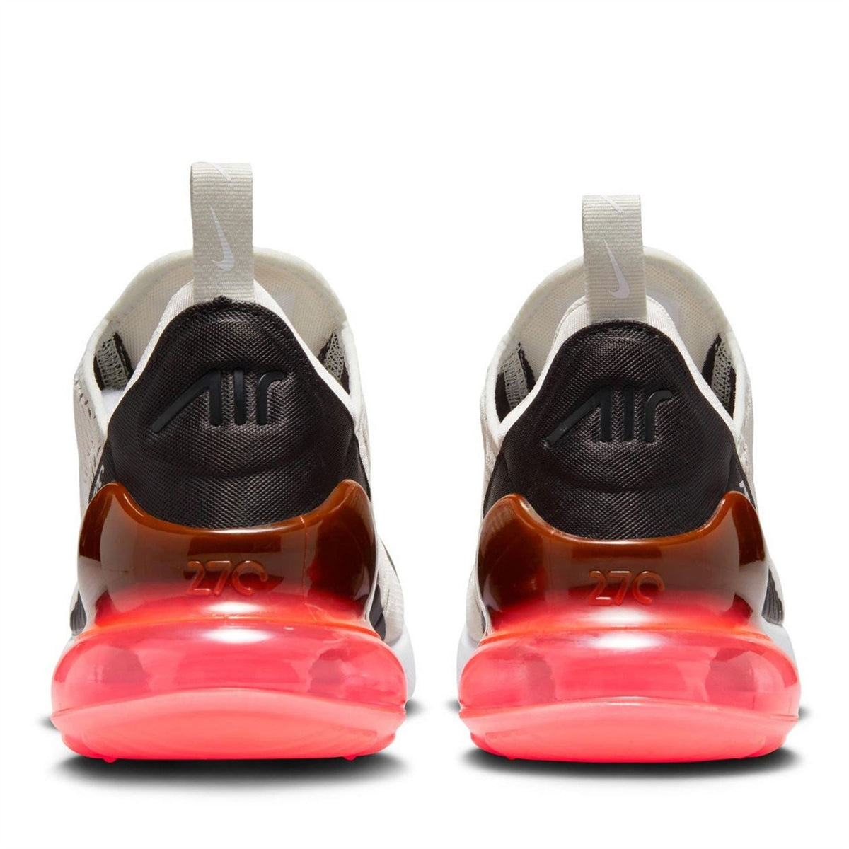 Heel view of Air Max 270 sneakers with orange air unit window and black collar lining