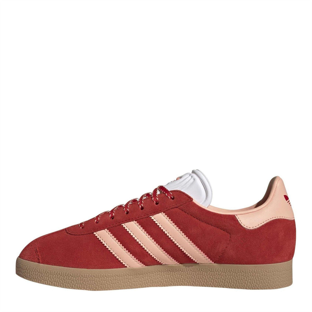 Red Gazelle trainers with white 3-Stripes, red lace-up front, and tan gum sole
