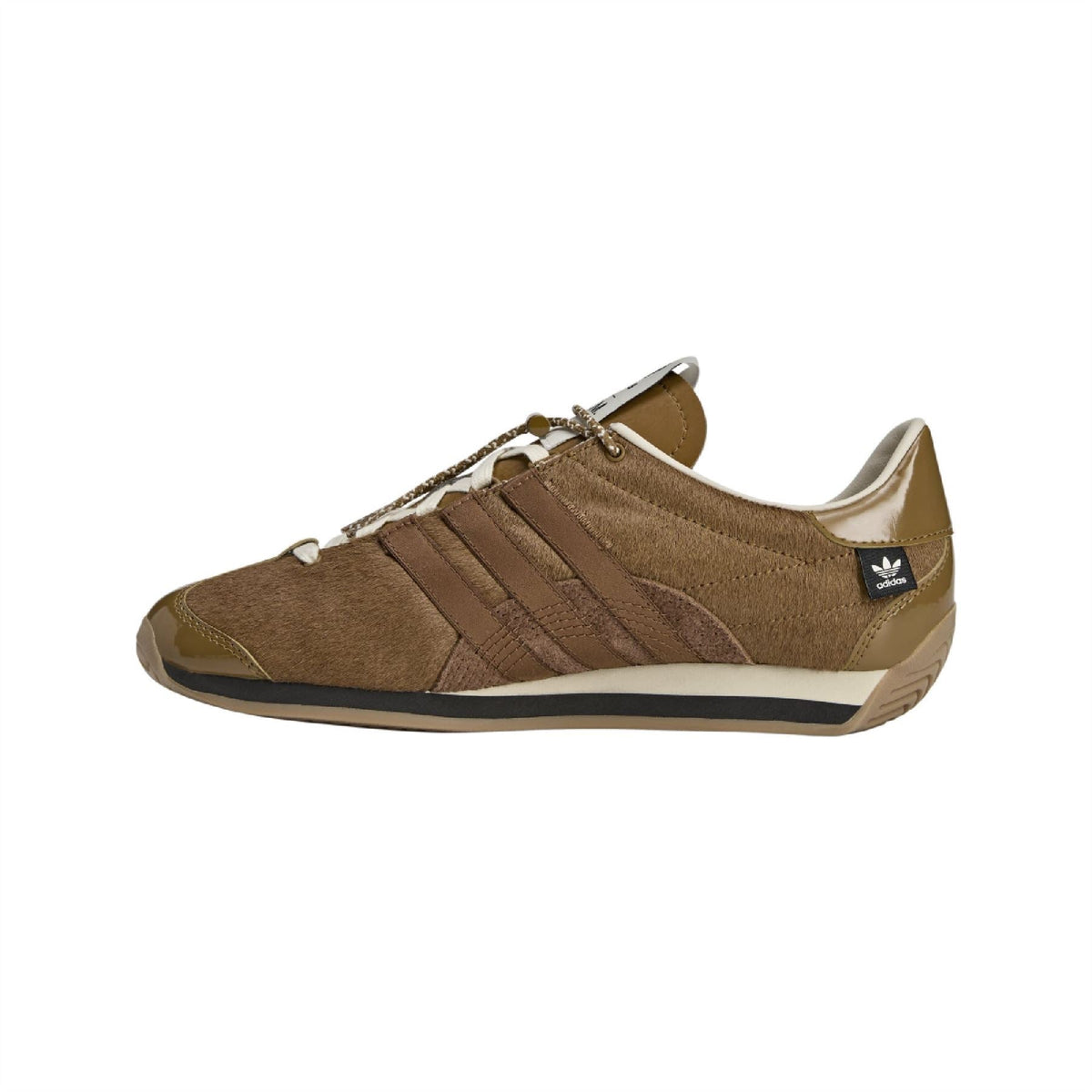adidas Originals bronze low-top sneaker, side view, lace-up with suede and overlay stripes