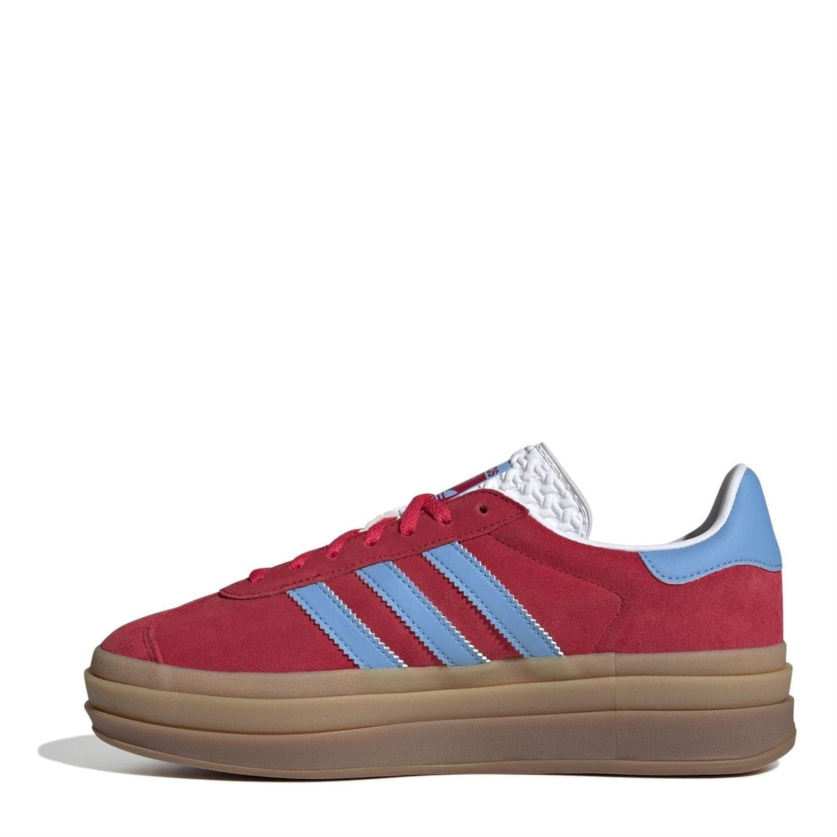 Red suede Gazelle low-top sneakers with light blue three stripes and tan platform sole