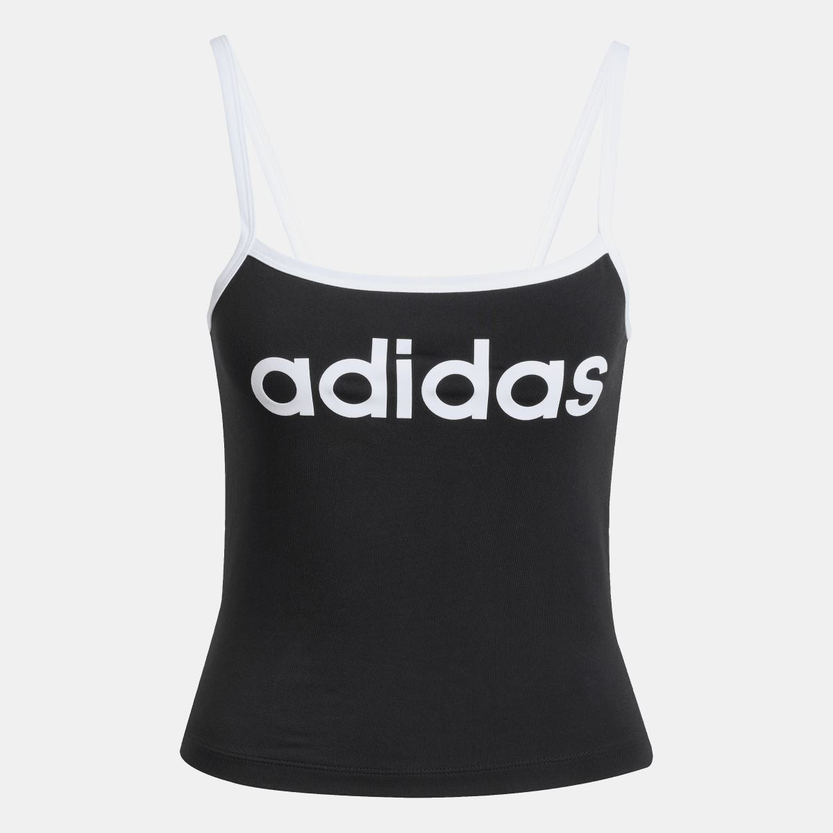 Black adidas Originals tank top with white logo across the front, spaghetti straps
