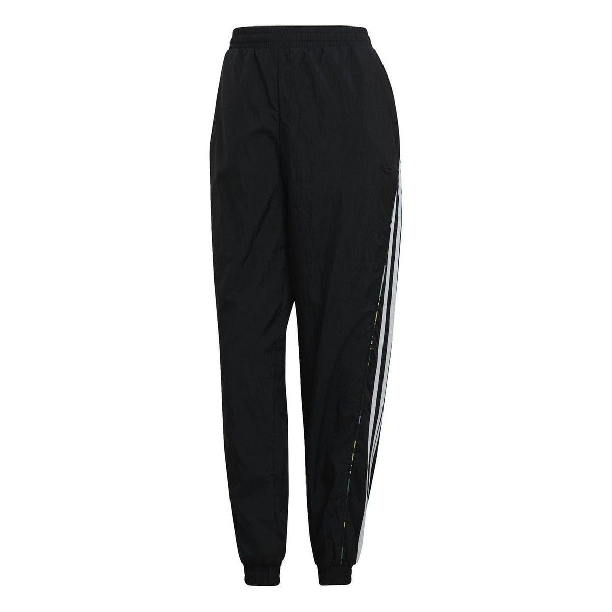 Black track-style sweatpants with side stripe panels and ribbed ankle cuffs