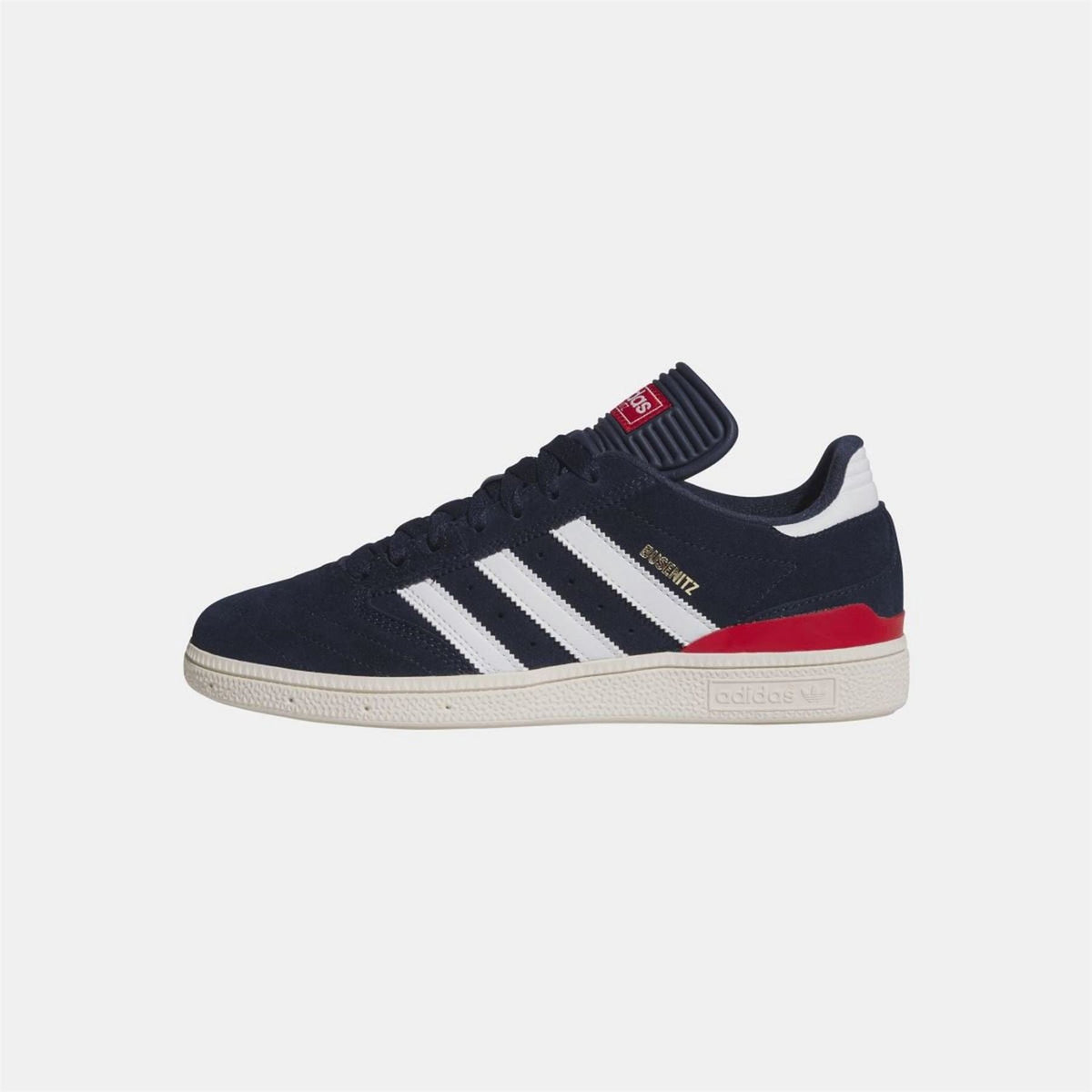 Navy adidas Originals sneaker, side view with white stripes and red stripe detail