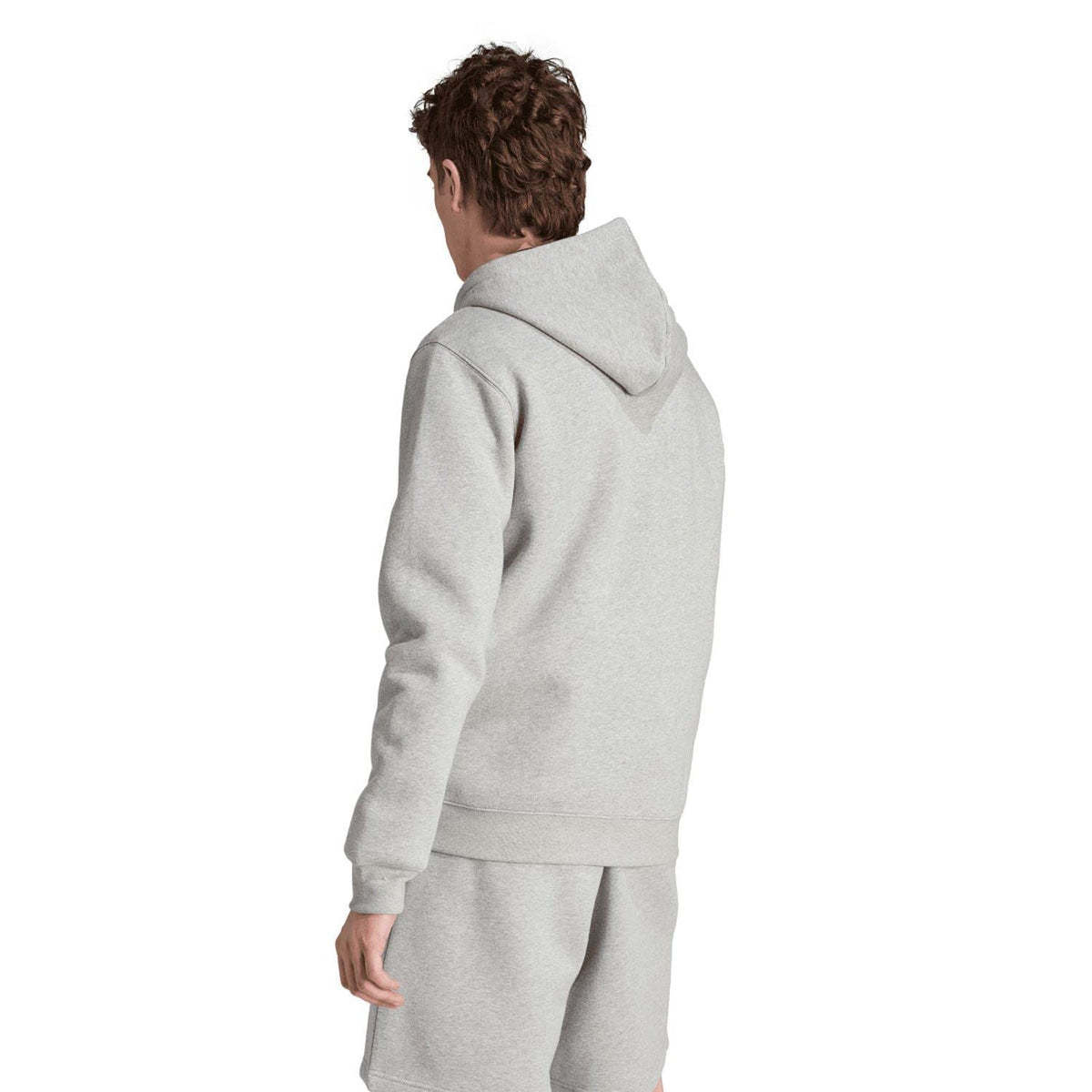 Grey full-zip hoodie, back view with attached hood and drawstring; front zip not visible.