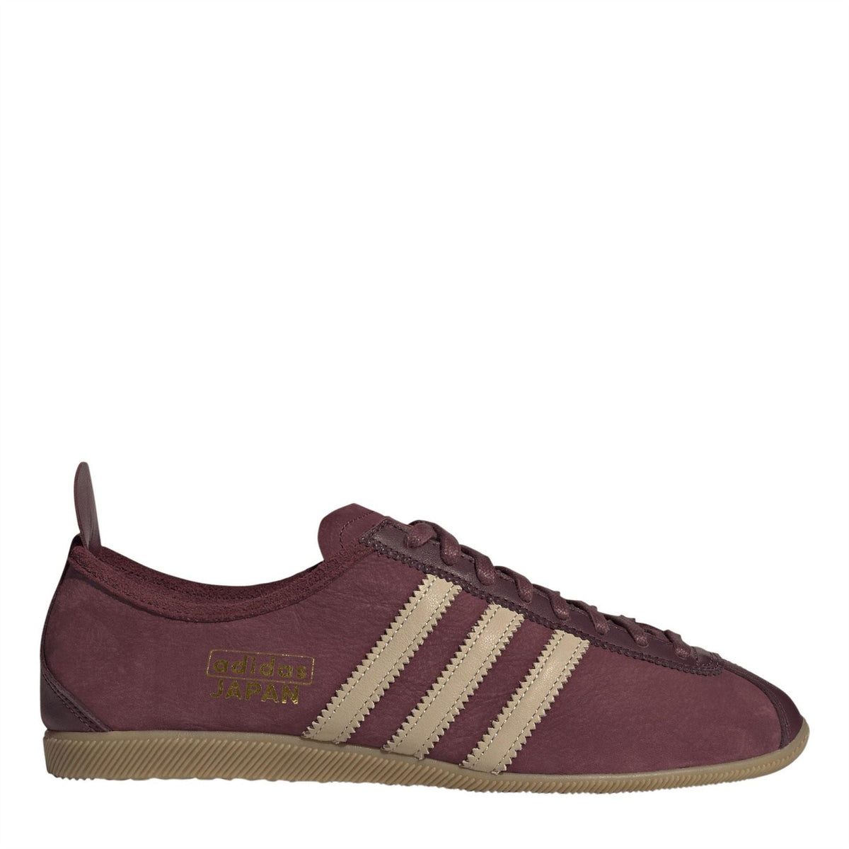 Men's burgundy low-top trainers with three cream stripes and lace-up closure